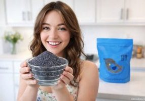 woman holding blue bird poppy seeds